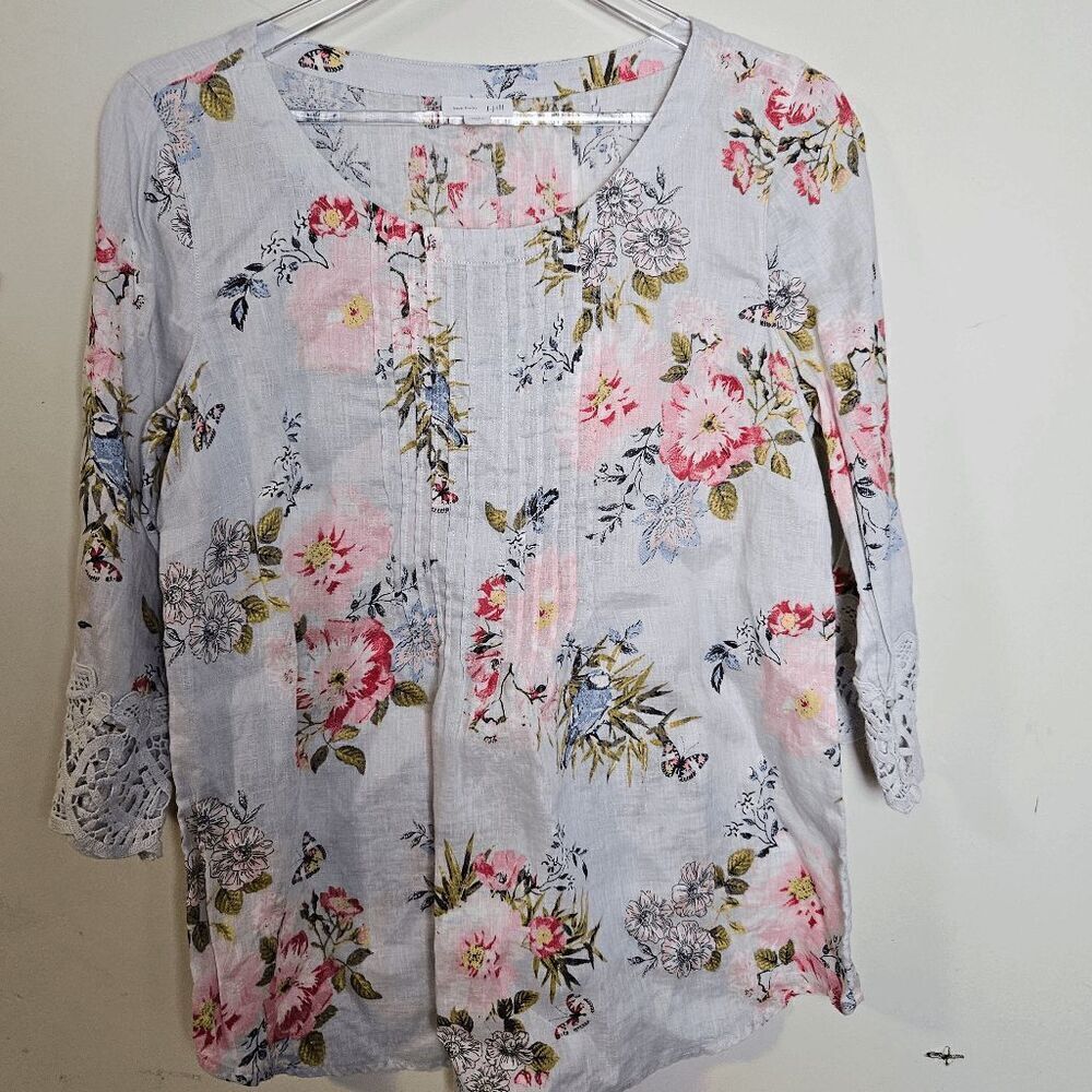 J. Jill Love Linen 100% Linen Floral Blue Birds Print 3/4 Sleeves Lace Cuffs Mic
